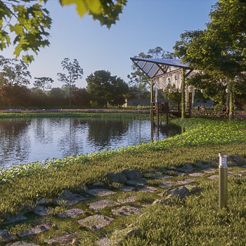 Projeto paisagístico no lago do Sítio Harmonia