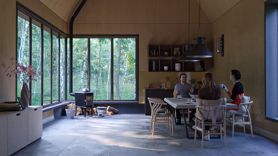 Projeto de decoração de interiores para cabana e chalé de madeira